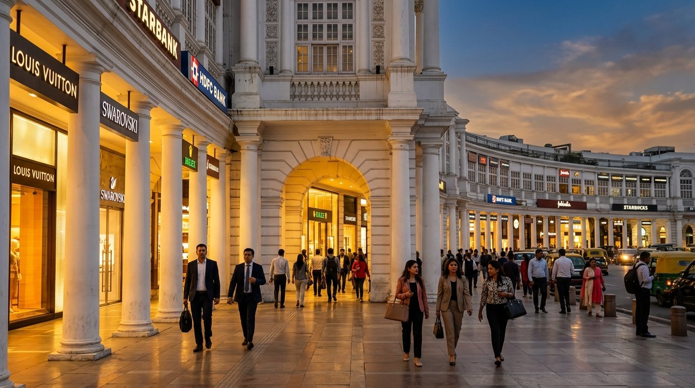 Vibrant commercial arcade colonnade of Connaught Place Inner Circle with grand heritage pillars and luxury storefronts